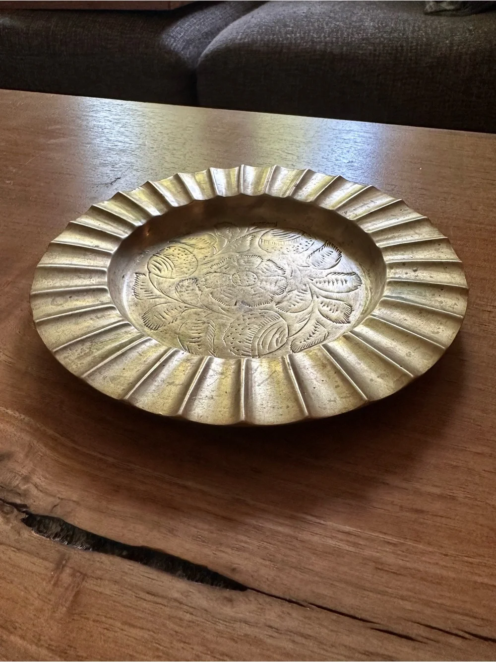 Vintage Sarna Brass Ashtray with Floral Etching and Scalloped Edge